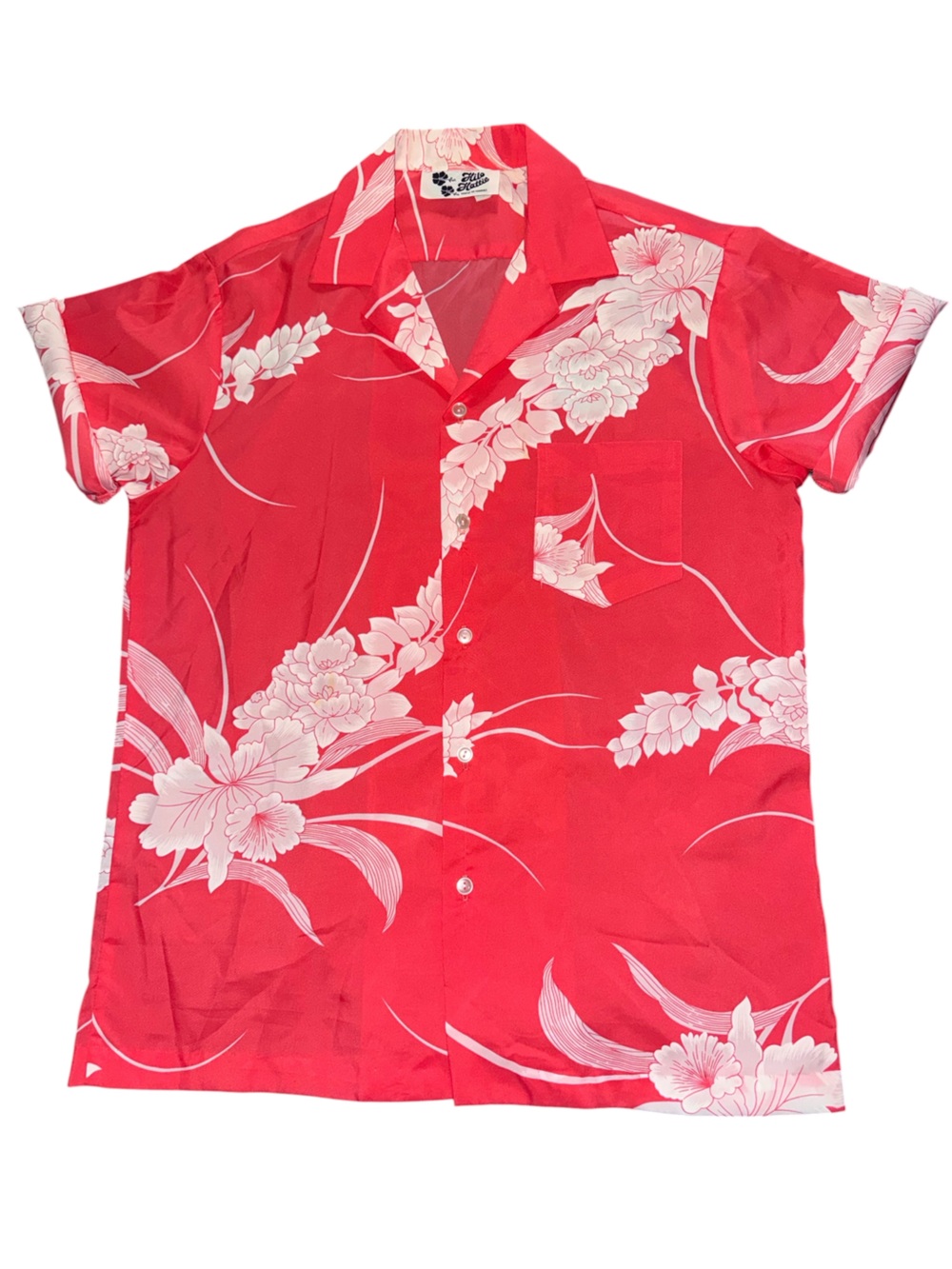 Hilo Hattie Red Hawaiian Floral Camp Shirt with White Flowers